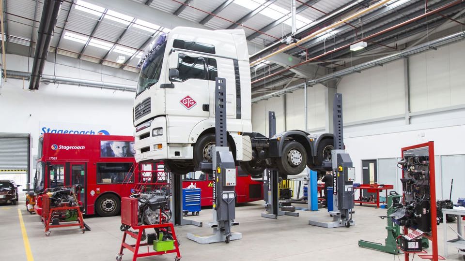 truck on ramp in workshop