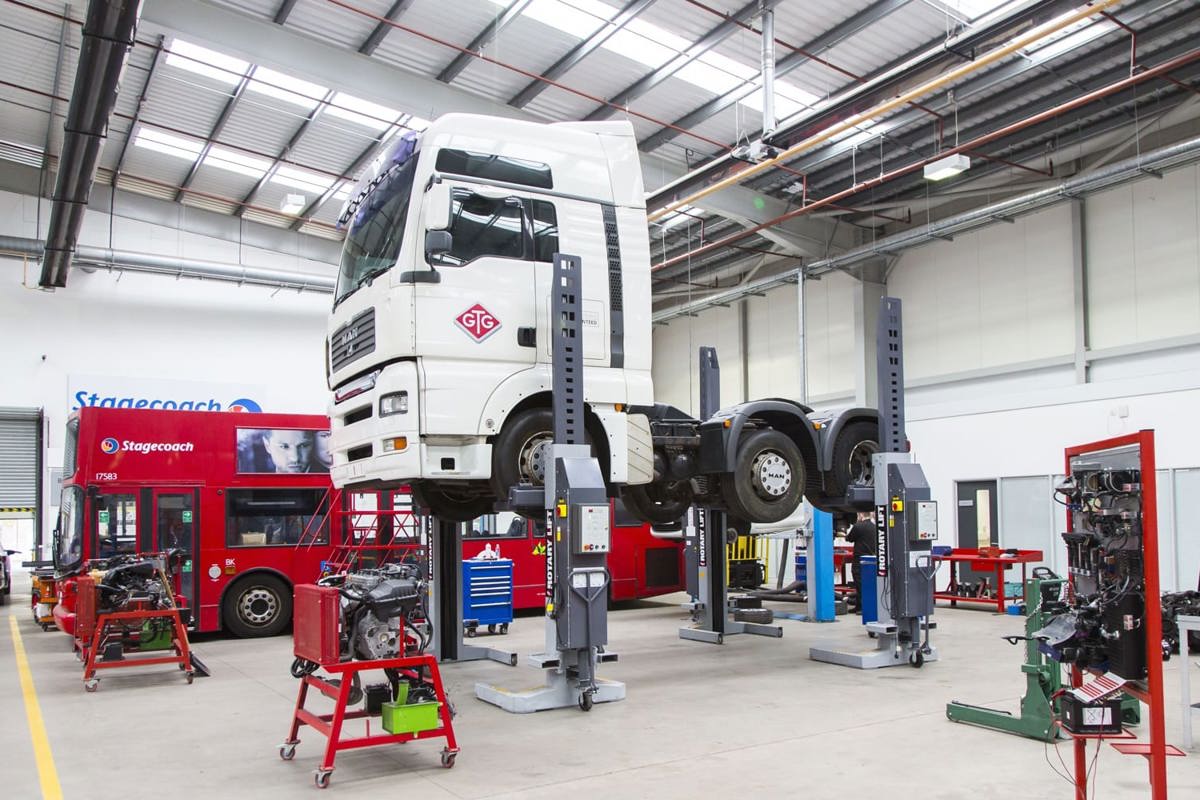 truck on ramp in workshop