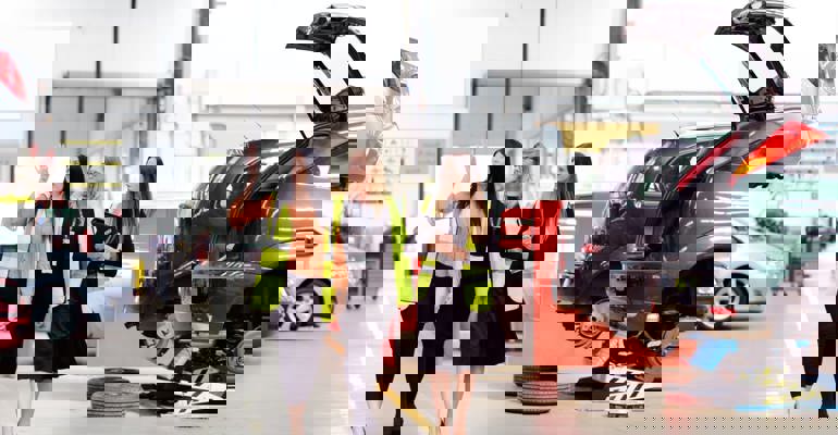 GTG Health and Safety advisors and client wearing hi-vis walking through workshop