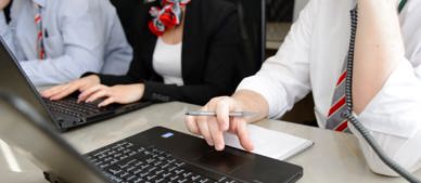 A laptop in an office